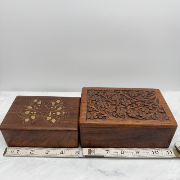 Vintage Handcrafted Wooden Boxes Set Trinkets Floral Leaf Designs Boho Decor - Picture 5 of 7